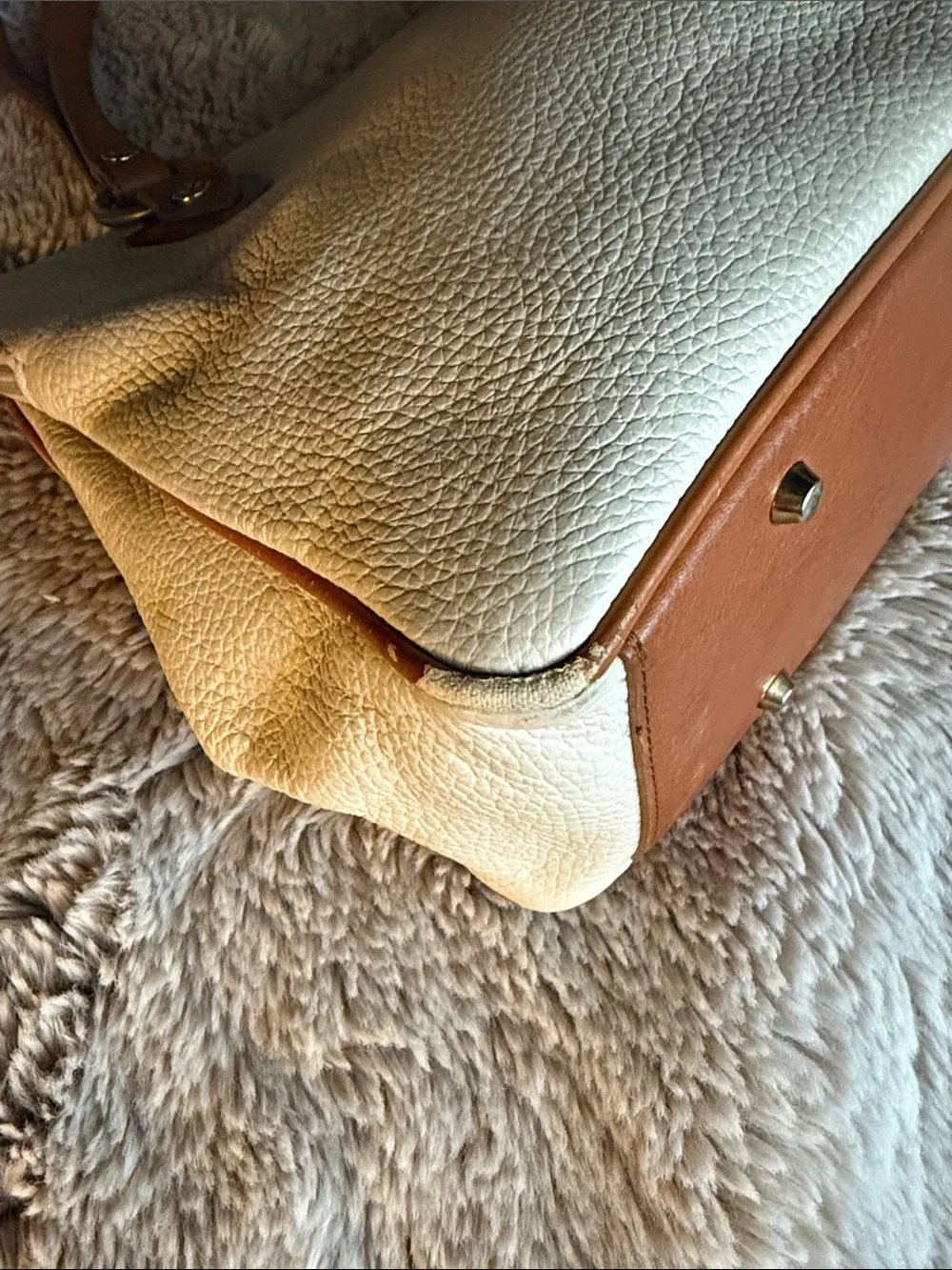 Valentina Cream Satchel with Tan Accents and Gold Plate